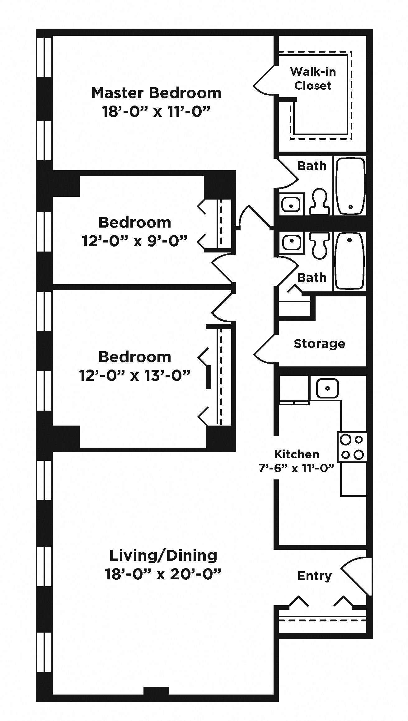 Floor plan for 3 beds, 2 baths, 1326 sqft